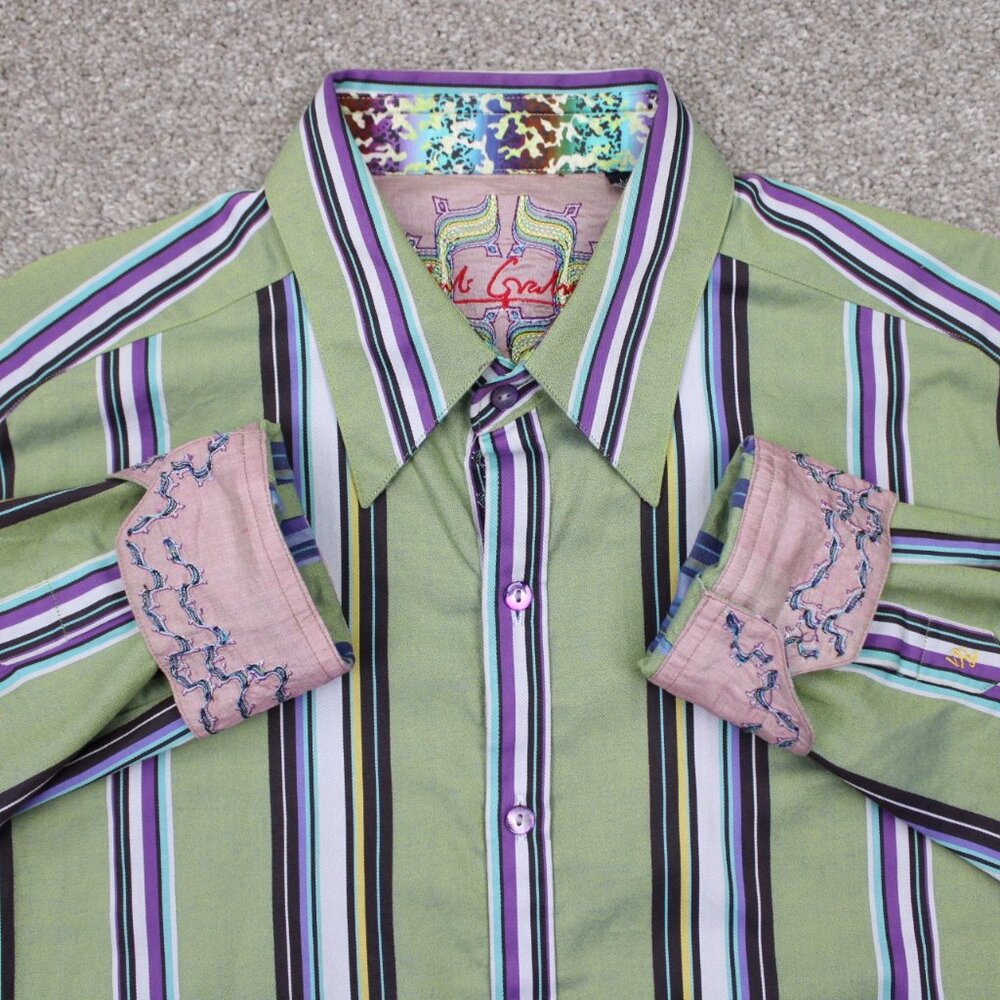 Robert Graham Flip Cuff Shirt Adult‎ Large Green/Purple Cotton L/S Button Up